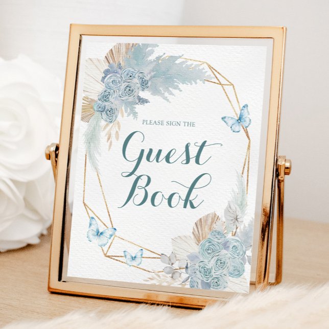 Poster Boho Dusty Blue Butterfly Livro de Aniversário (Criador carregado)