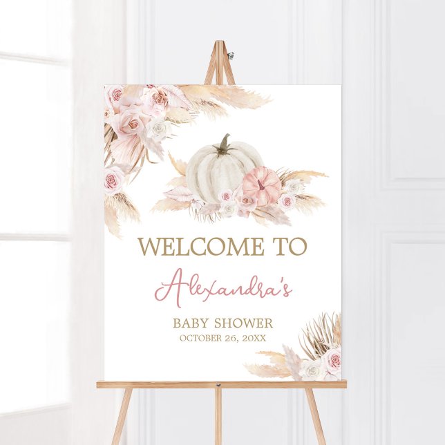 Poster Boho Dusty Rosa Pumpkin Chá de fraldas Bem-vindo (Pink Floral Pumpkin Baby Shower Welcome Sign)
