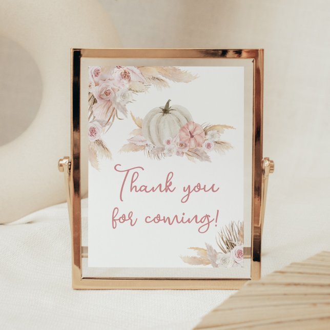 Poster Boho Dusty Rosa Pumpkin Obrigado por vir (Pink Floral Pumpkin Baby Shower Thank you for Coming Sign)