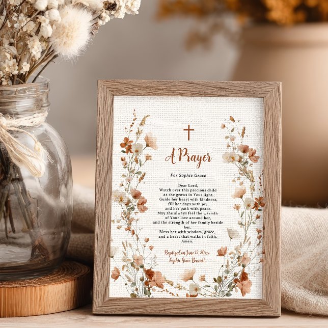 Poster Boho elegante Desfiladeiro Dusty Rosa Baptism Oraç (Boho elegant Wildflower Dusty Rose Baptism Prayer Poster)