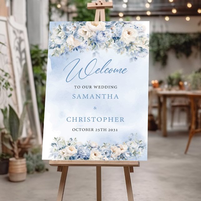 Poster Boho Elegante invernais poeirentos, flores azuis e (Boho blue winter flowers sage greenery wedding welcome sign poster)