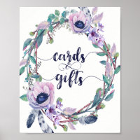 Boho Feather & Floral Wreath Wedards Cartões & pre