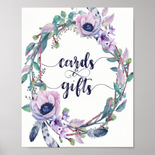 Poster Boho Feather & Floral Wreath Wedards Cartões & pre