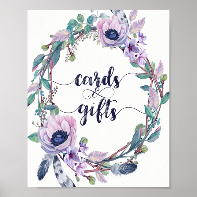 Poster Boho Feather & Floral Wreath Wedards Cartões & pre (Frente)