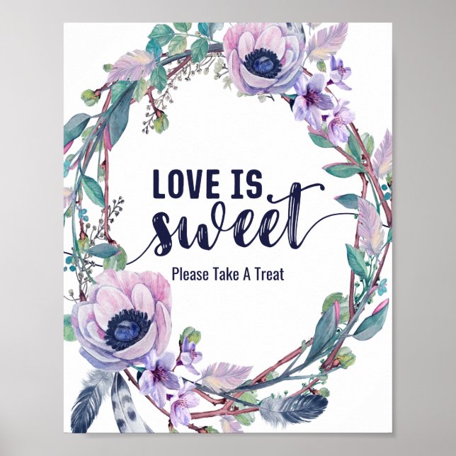 Poster Boho Feather & Floral Wreath Wedding Love é Sweet (Frente)