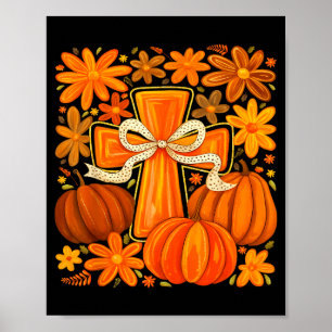 Poster Boho Floral Abóbora Cruz Outono Jesus Fé Cristã