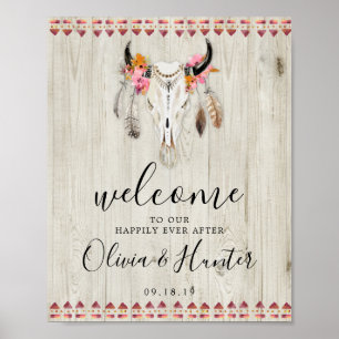 Poster Boho Floral Antlers Cow Skull Casamento de Boho