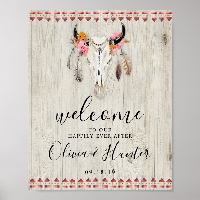 Poster Boho Floral Antlers Cow Skull Casamento de Boho (Frente)