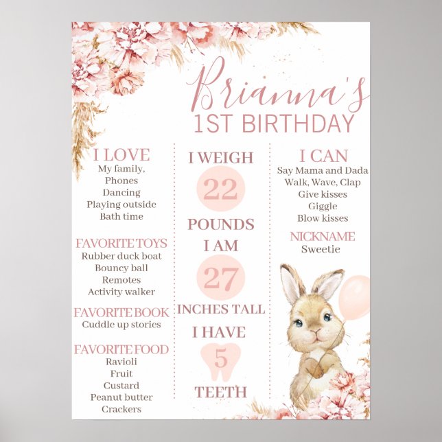 Poster Boho Floral Bunny primeiro aniversario Milestone P (Frente)