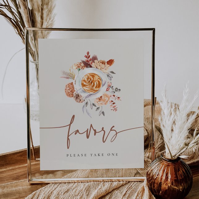 Poster Boho Floral Chá de panela Café Favorece Sinal (Coffee theme bridal shower favors sign)