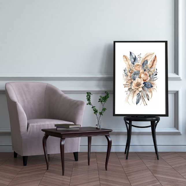 Poster Boho Floral Dusty Blue Beige Watercolor Flores (Boho Floral Botanical Feathers Wall Art, Watercolor Art print poster, Dusty Blue Beige Neutral Color)