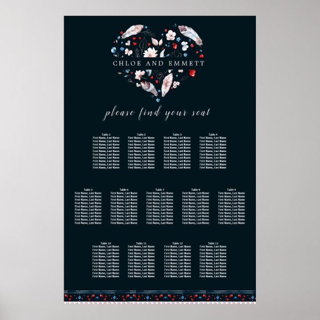 Poster Boho Floral e Penas com 13 Mesas (Frente)