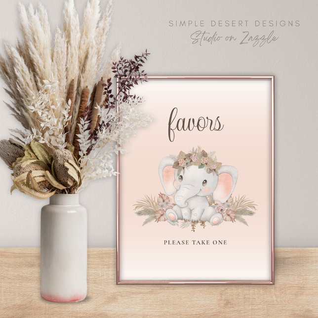 Poster Boho Floral Elephant Chá de fraldas Favorece Sinal (Cute Boho Baby Shower Favors Sign with Elephant Pampas Grass and Simple Floral Design)