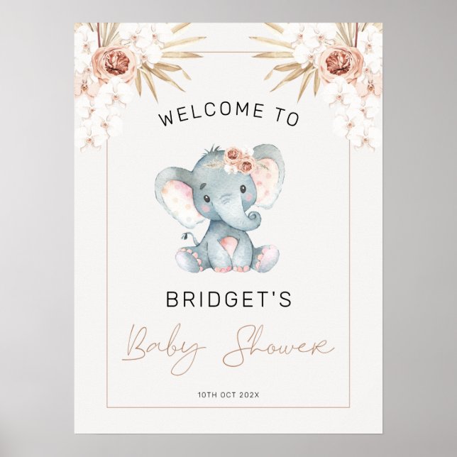 Poster Boho Floral Girls Elephant Chá de fraldas Welcome (Frente)