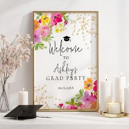 Poster Boho Floral Moderno Graduação de Watercolor Bem-Vi