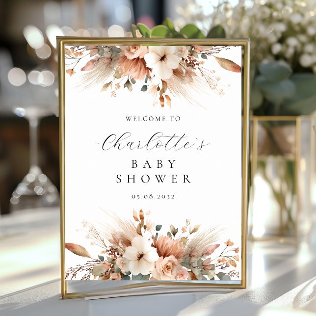 Poster Boho Floral Pampas Grama Rosa Branca Bem-vindo (Boho Floral Pampas Grass Rose White Welcome Poster)