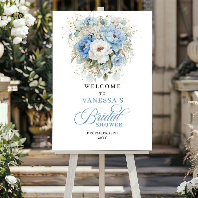 Poster Boho Flores Azuis Desbotadas Chá de Noiva Bem-Vind (Boho Dusty Blue Flowers Bridal Shower Welcome)