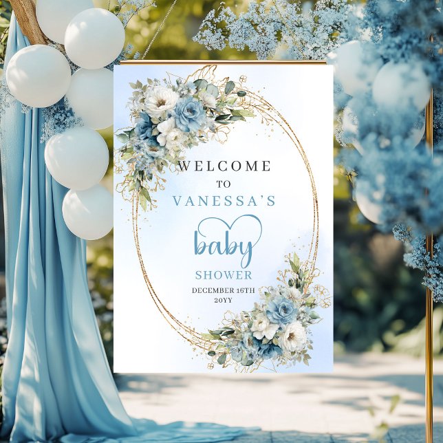 Poster Boho Flores Azuis Empoeiradas Douradas Bem-vindo a (Boho Dusty Blue Flowers Gold Baby Shower Welcome Sign

)