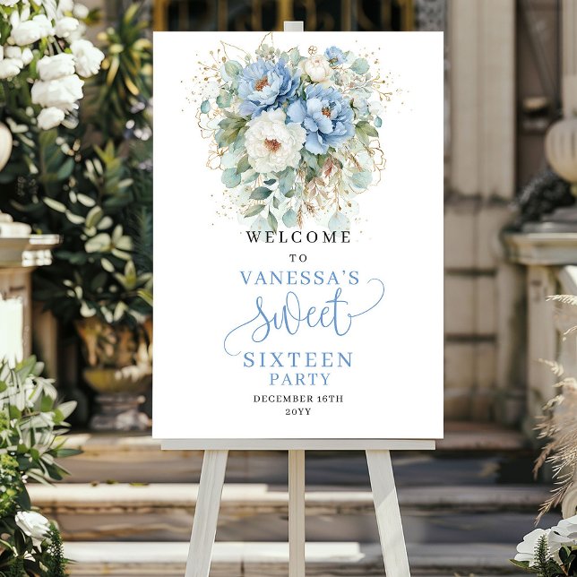 Poster Boho Flores Azuis Poeirentas Sinal de Boas-Vindas  (Boho Dusty Blue Flowers Sweet 16 Welcome Sign)
