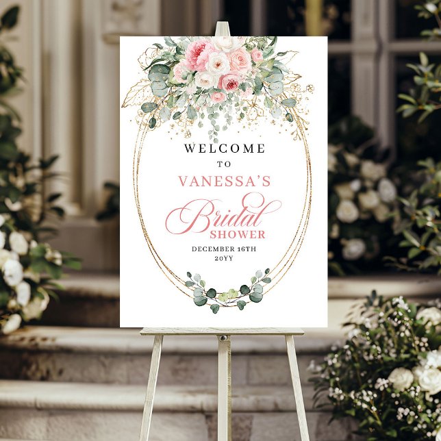Poster Boho Flores Rosa Empoeiradas Folhagens Chá de Bebê (Boho Dusty Pink Flowers Greenery Bridal Shower Welcome)