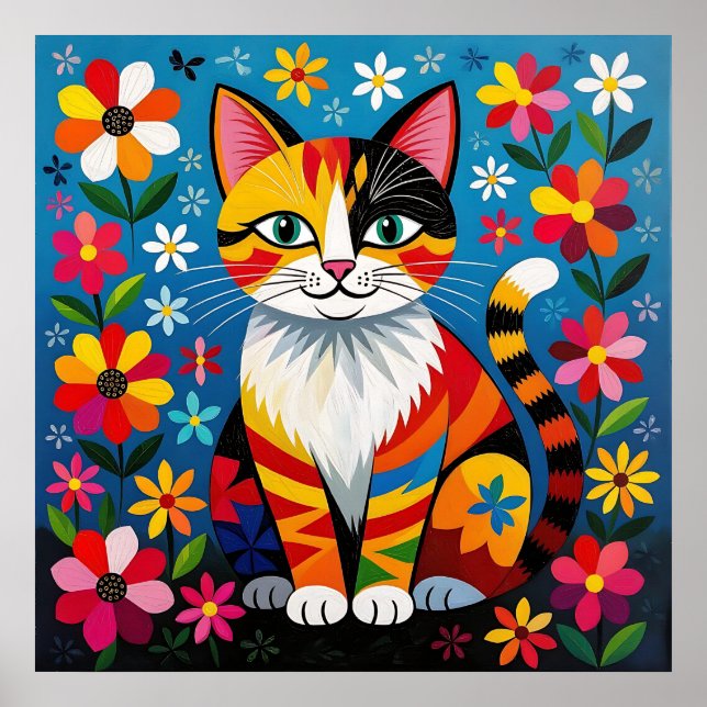 Poster Boho Folk Art Cat, Flowers & Butterfly   (Frente)