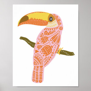 Poster Boho Folk Floral Toucan Illustration in Pink