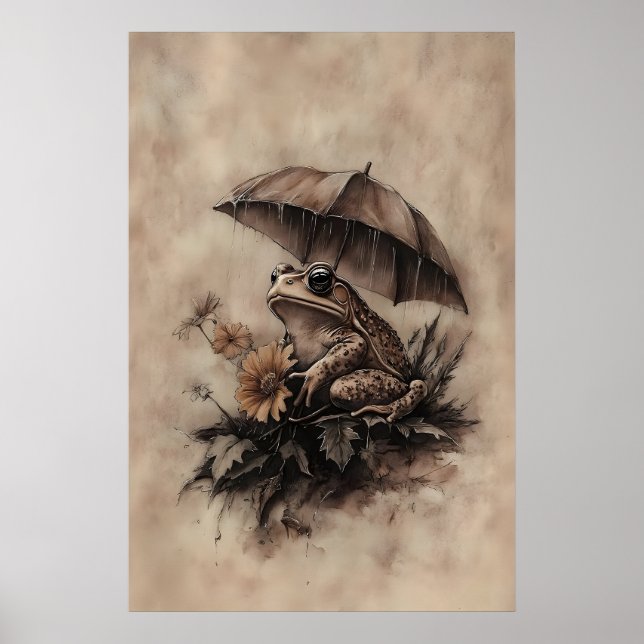 Poster Boho Frog Under Umbrella With Fall Flowers Print (Frente)
