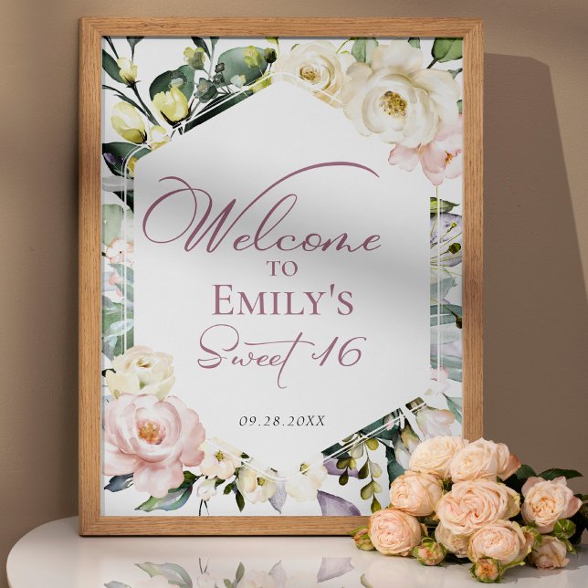 Poster Boho Greenery Floral Frame Sweet 16 Sinal de Boho (Criador carregado)