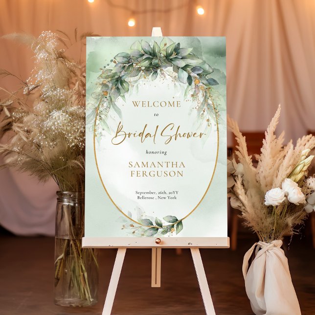 Poster Boho greenery Foliage Gold Chá de panela Bem-vindo (Elegant botanical green eucalyptus gold geometric bridal shower welcome sign)