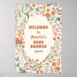 Poster Boho Groovy Meadow Wildflower Chá de fraldas Bem-v