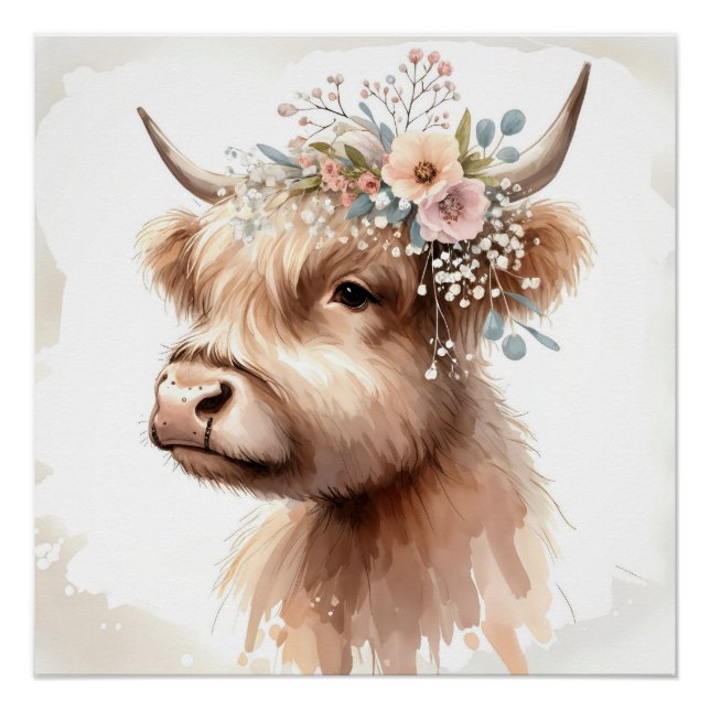 Pôster Boho Highland Cow (Frente)