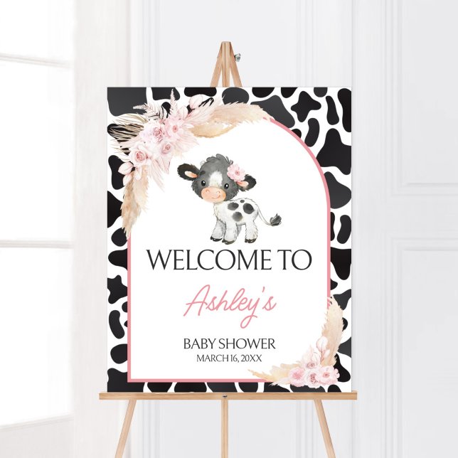 Poster Boho Highland Cow Rosa Bem-vindo (Girl Floral Highland Cow Baby Shower Welcome Sign)