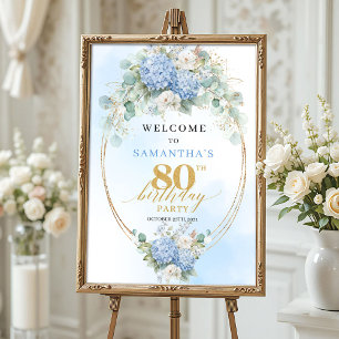 Poster Boho Hydrangeas Azul Desbotado boas-vindas de 80 a