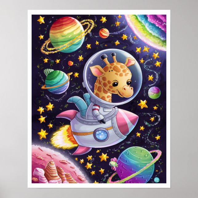Poster Boho Illustration Girafe naviguant dans l'Espace (Frente)