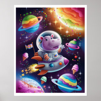 Poster Boho Illustration Hippopotame dans l'Espace