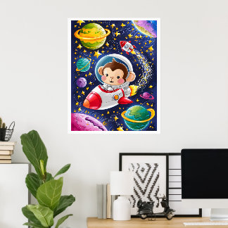 Poster Boho Illustration Singe naviguant dans l'Espace