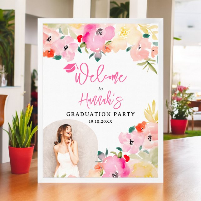 Poster Boho jardim de primavera cor-de-rosa, graduação fl (Spring pink boho garden floral graduation welcome poster)