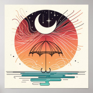 Poster Boho Lua em Guarda-chuva com Estrelas Cadentes