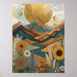Poster Boho Mandala Celestial Rio Montanha Sol