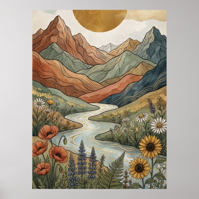 Poster Boho Montanha Celestial Rio Dourado Girassol (Frente)