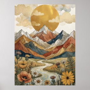 Poster Boho Montanha Celestial Rio Sol Prado