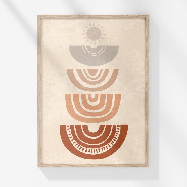 Poster Boho Muted Neutral Abstrato Sun and Shapts Art (Boho Muted Neutral Abstract Sun and Shapes Art Poster in a wooden frame on a sunny white wall.)