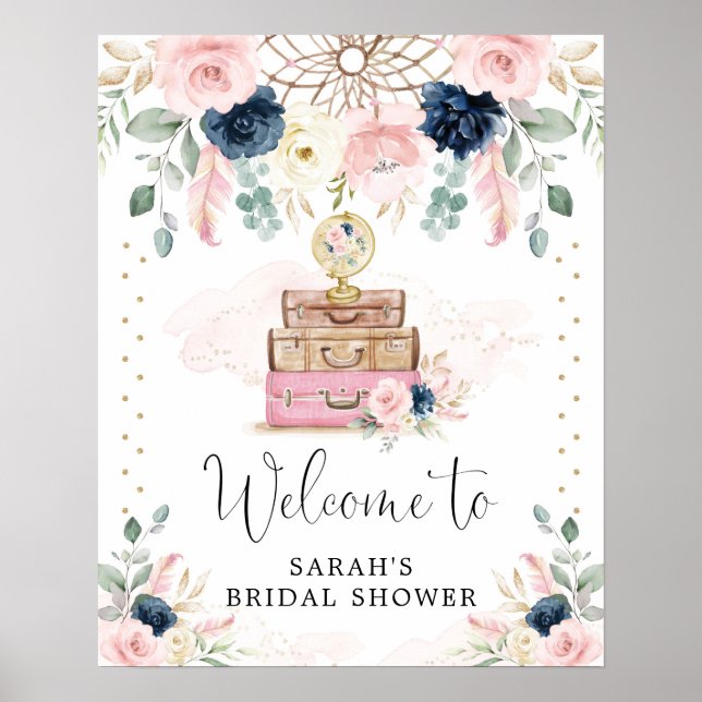 Poster Boho Navy Blush Viagem Chá de Noiva Bem-Vindo (Frente)