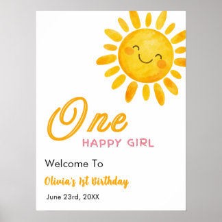 Poster Boho One Happy Girl Sunshine Aniversário de 1 ano