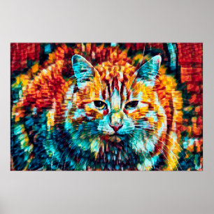 Poster Boho Orange Blue Colorful Hippiby Tabby Cat
