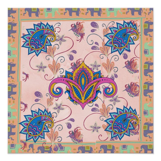 Pôster Boho paisley and elephant pattern_lmandala artwork (Frente)