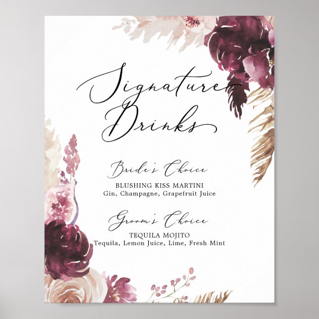 Poster Boho Pampas Grass Signature Drinks Sinal (Frente)