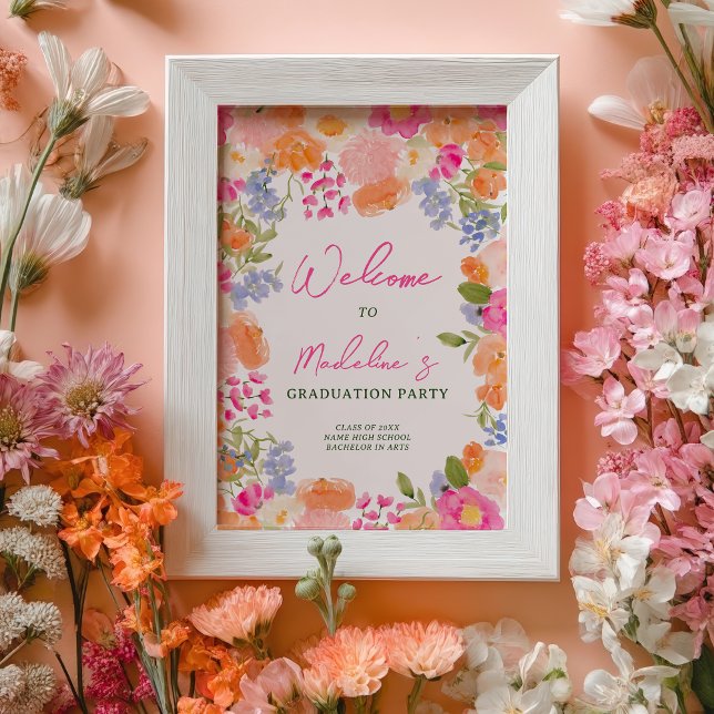 Poster Boho Peach Pink Floral Welcome (Boho Peach Pink Floral Graduation Party Welcome Poster)