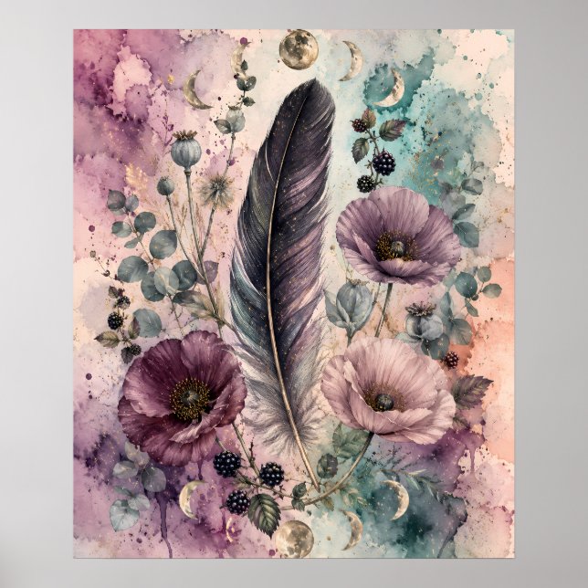 Poster Boho Pena e Papoulas Fase Lunar Celestial (Frente)