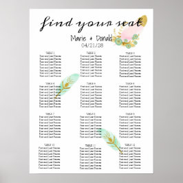 Poster Boho Pink and Gold Feathers Seating Chart